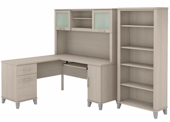 L shaped computer desk with 5 shelf bookcase 60W highlight sand oak