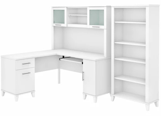 L shaped computer desk with 5 shelf bookcase 60W highlight white