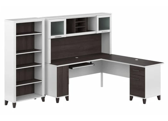 L shaped computer desk with 5 shelf bookcase 72 w highlight view storm gray white