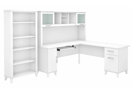 L shaped computer desk with 5 shelf bookcase 72 w highlight view white