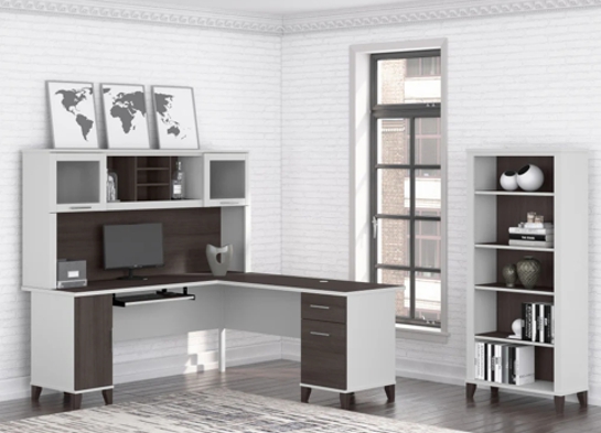 L shaped computer desk with 5 shelf bookcase 72 w space view storm gray white