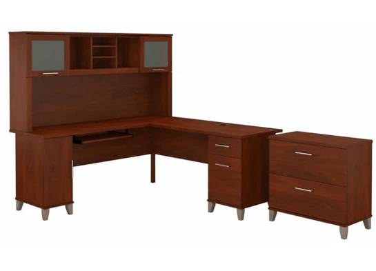 L shaped computer desk with traditional file cabinet 72 w highlight hansen cherry 1