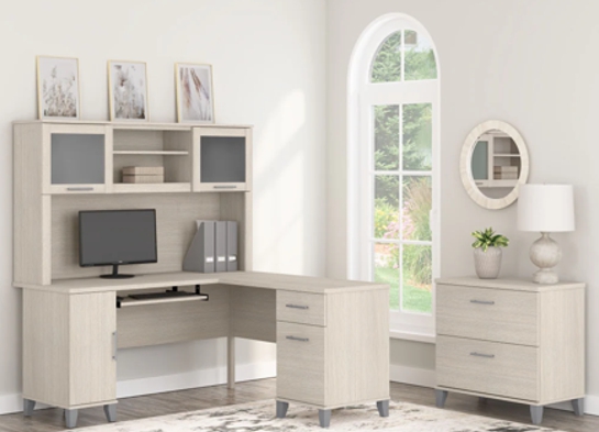 L shaped computer desk with traditional file cabinet 72 w space view sand oak 1