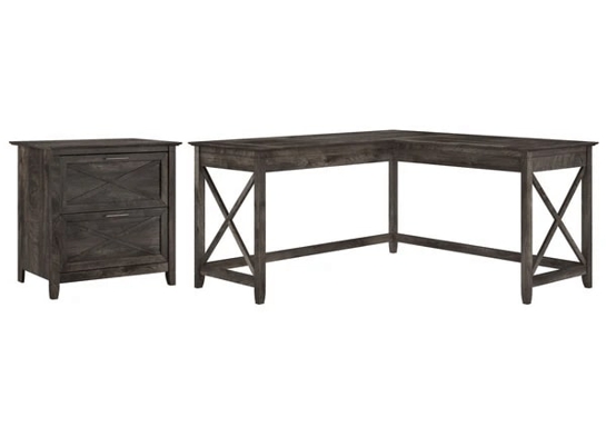 L shaped desk and file cabinet highlight dark gray hickory