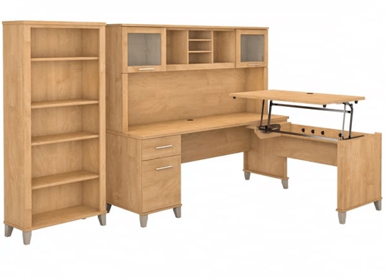 Modern office standing desk with 5 shelf bookcase highlight view maple cross