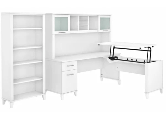 Modern office standing desk with 5 shelf bookcase highlight view white