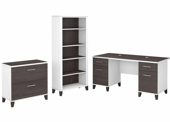 Office desk with 2 file drawers and 5 shelf bookcase highlight storm gray white