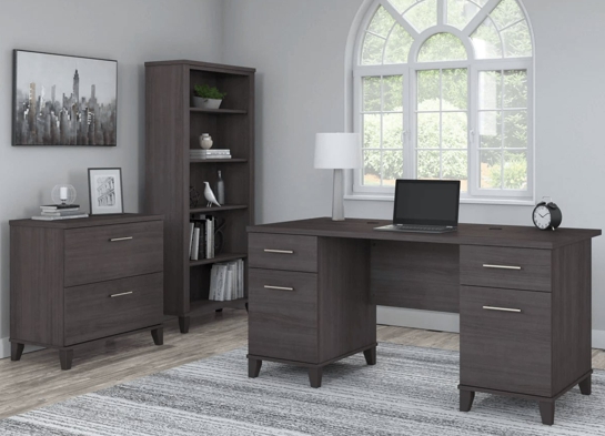 Office desk with 2 file drawers and 5 shelf bookcase space view storm gray