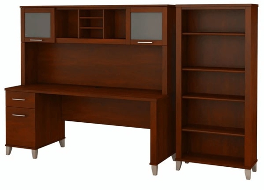 Office desk with hutch and 5 shelf bookcase highlight view hansen cherry 1