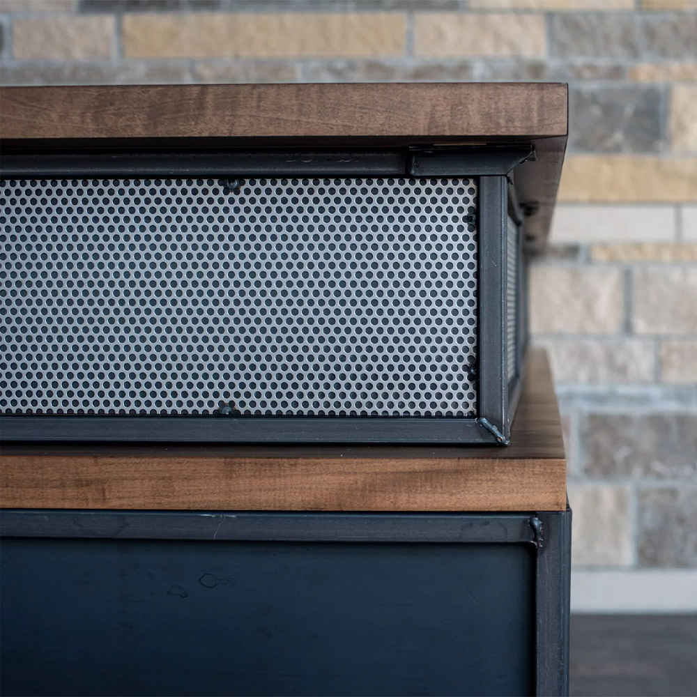 Industrial reception desk with corner transaction front