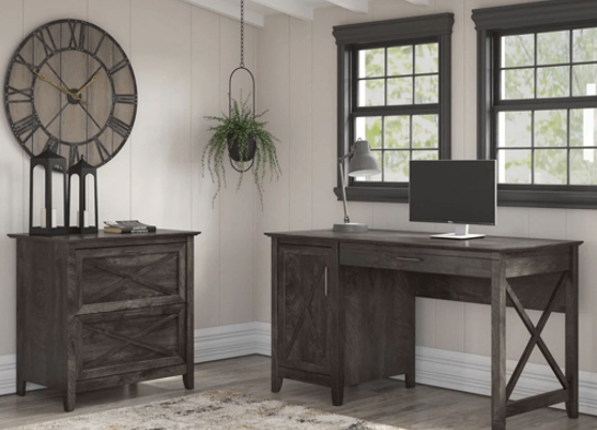 Rustic style desk with drawer lateral file cabinet space view dark gray hickory Rustic style desk with drawer lateral file cabinet space view dark gray hickory