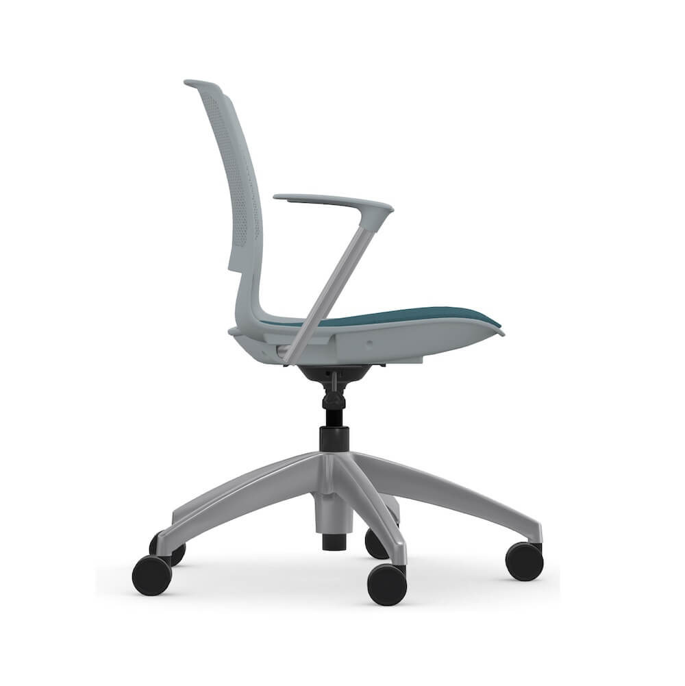 Executive and conference chairs office desk chairs plastic office chair with wheels gray frame and blue fabric gray frame and blue fabric side view