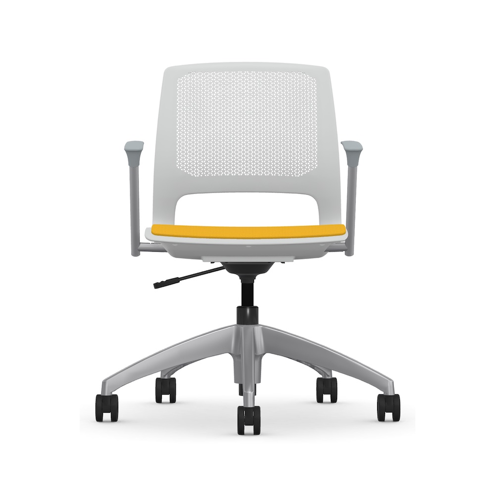 Executive and conference chairs office desk chairs plastic office chair with wheels white frame and yellow fabric front view