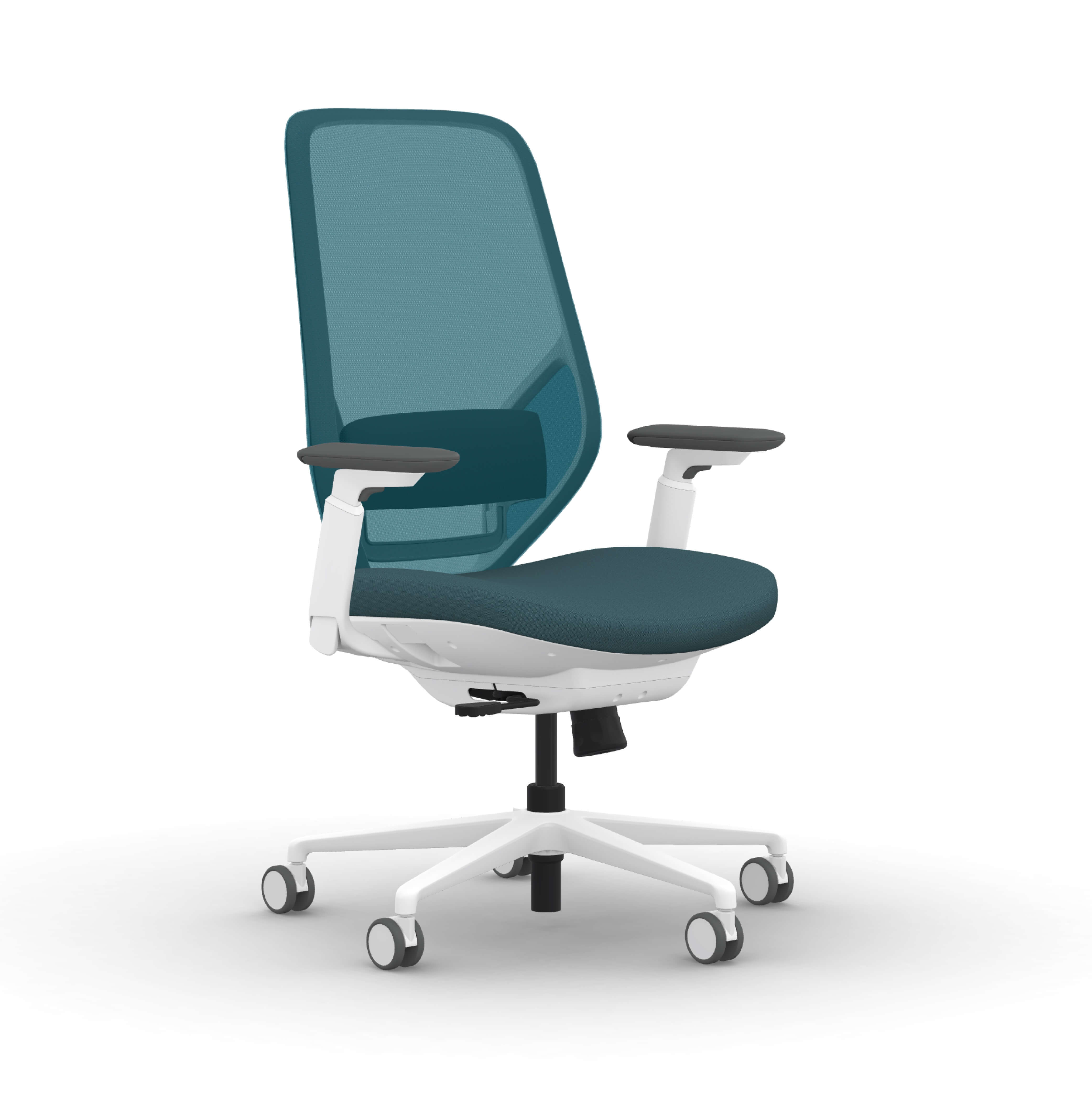 Executive and conference office desk chairs modern fabric office chair white frame and turquoise fabric angle view