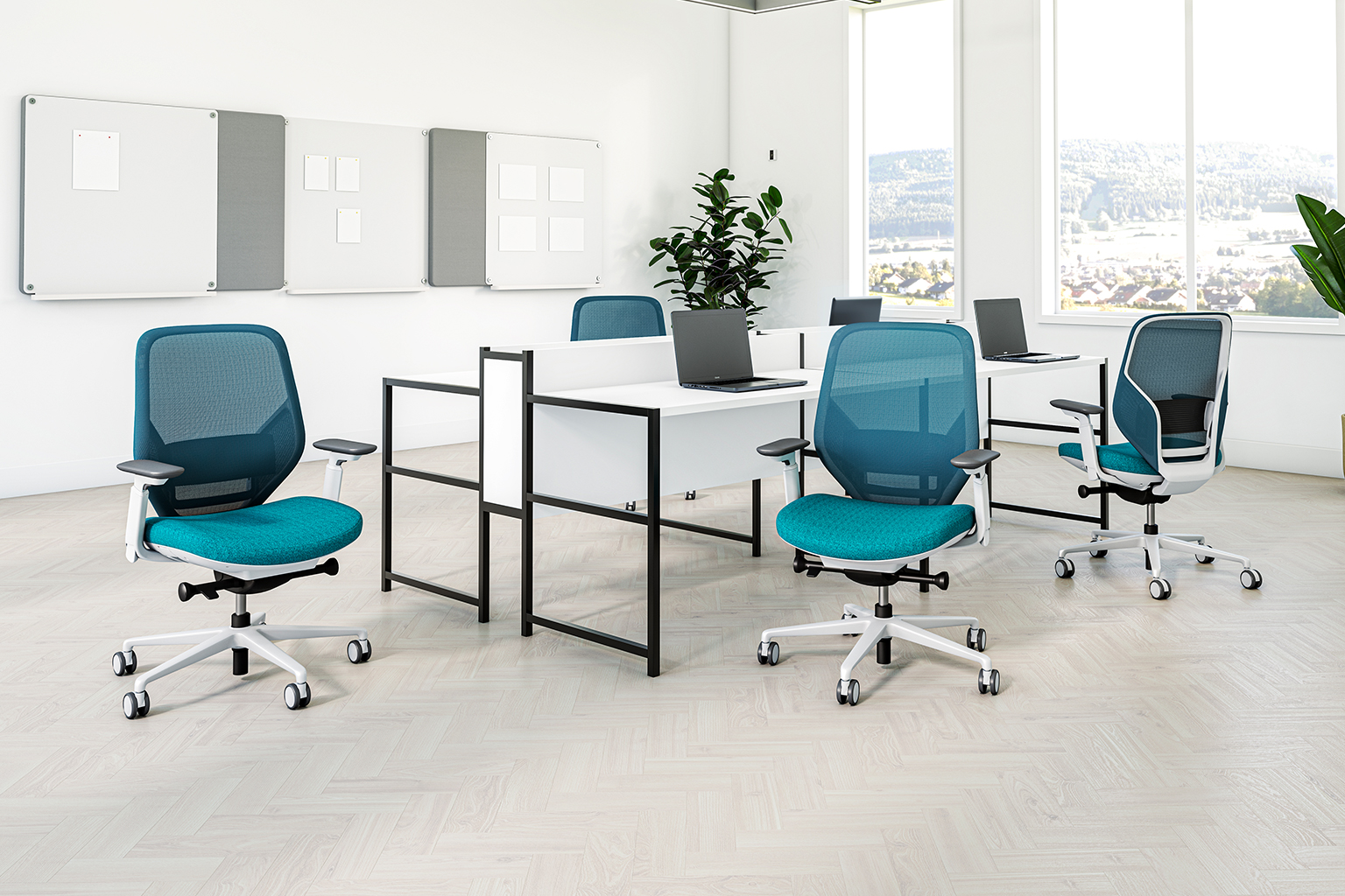 Executive and conference office desk chairs modern fabric office chair white frame and turquoise fabric space view 2