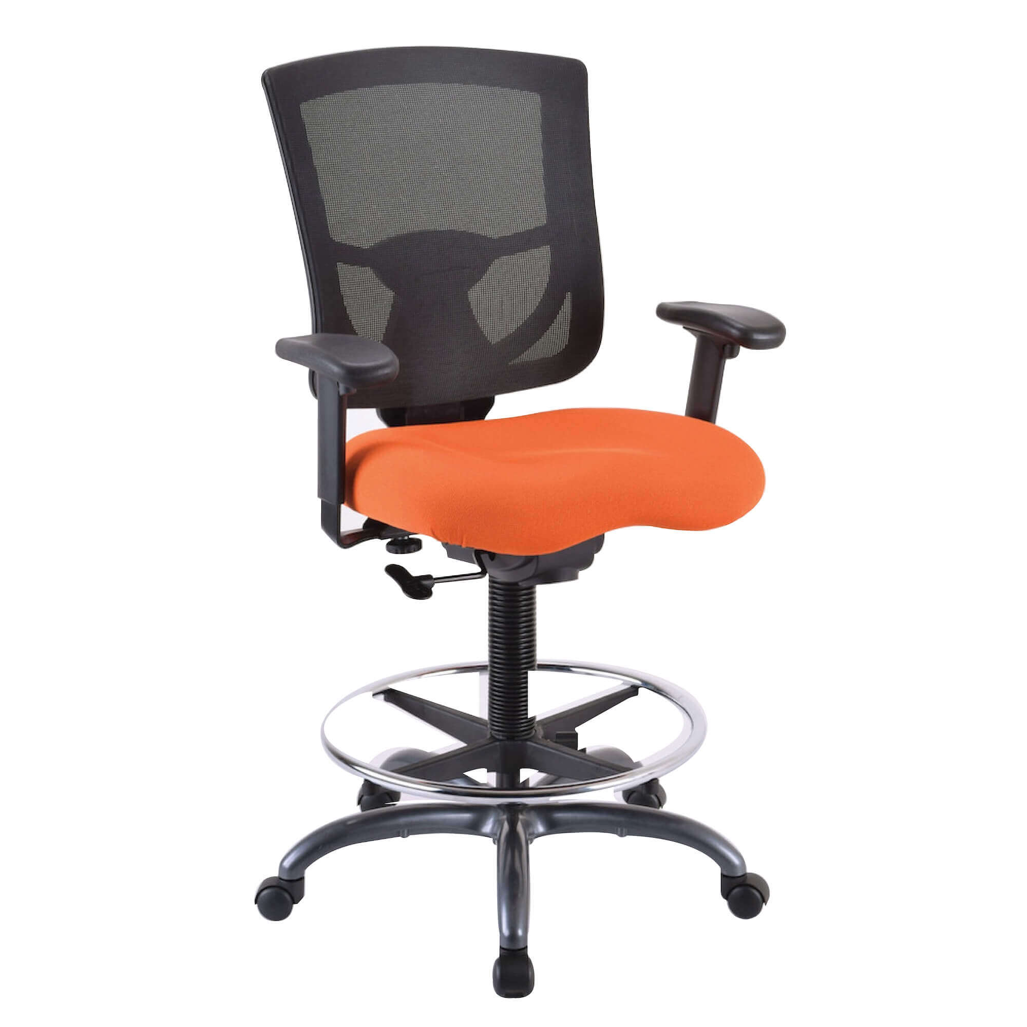 Office chair for standing desk ergonomic stool for standing desks tall drafting orange fabric angle view