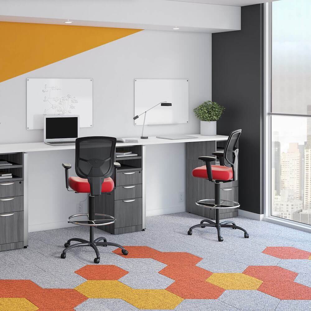 Office chair for standing desk ergonomic stool for standing desks tall drafting red fabric space view 2