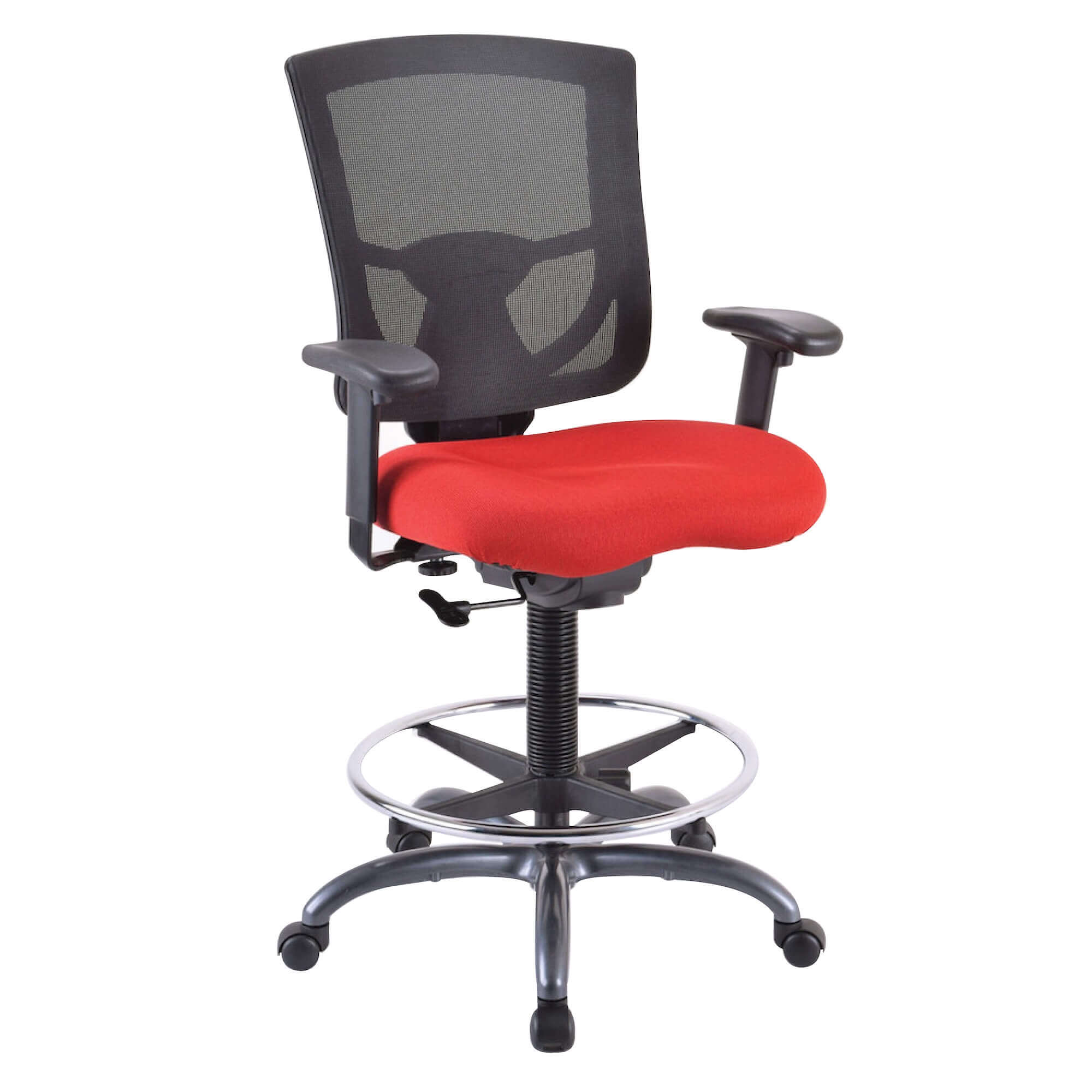 Office chair for standing desk ergonomic stool for standing desks tall drafting stool red fabric angle view