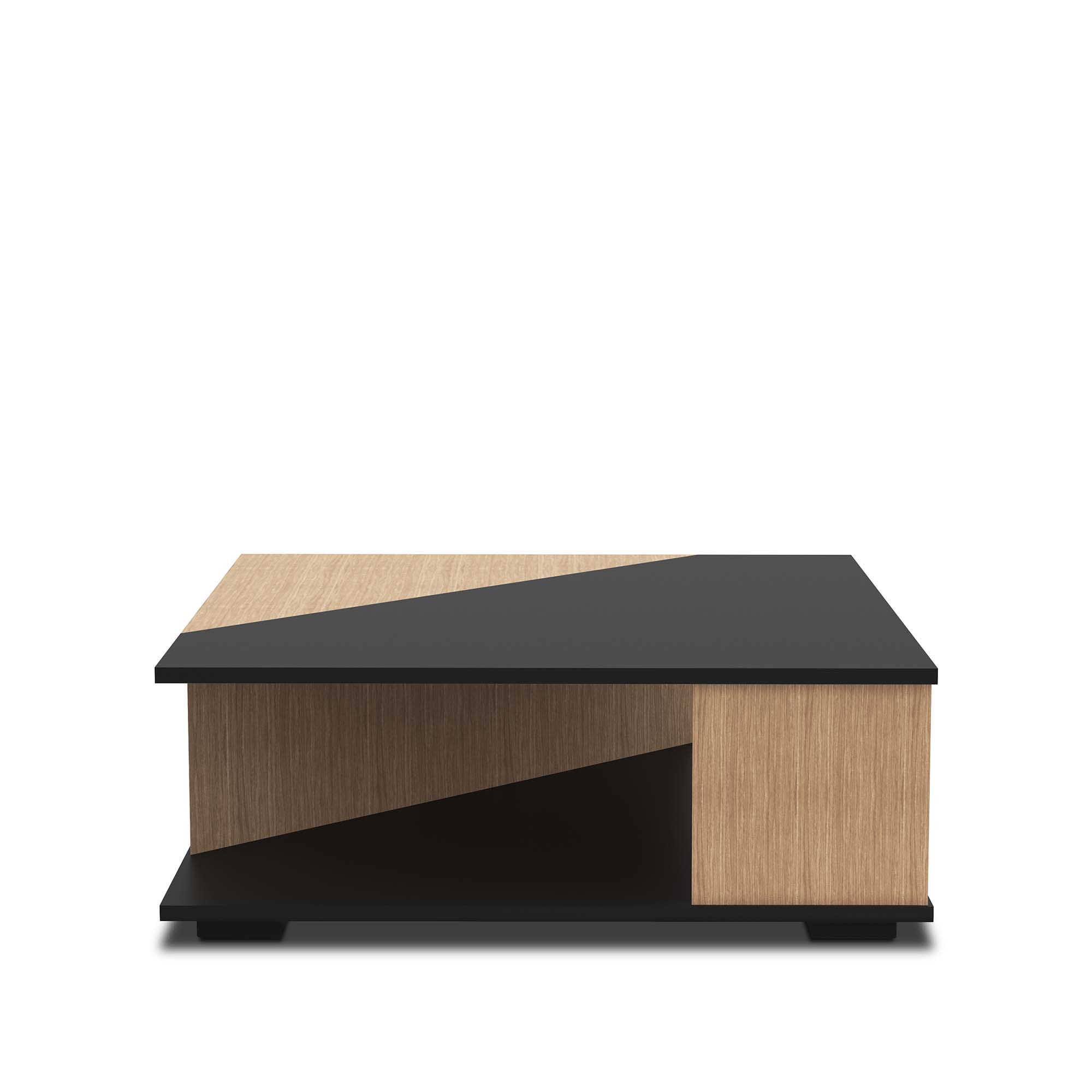 Two tone coffee table display feature highlight black and wood 1