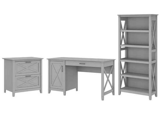 West style desk with drawer file cabinet and 5 shelf bookcase highlight cape cod gray
