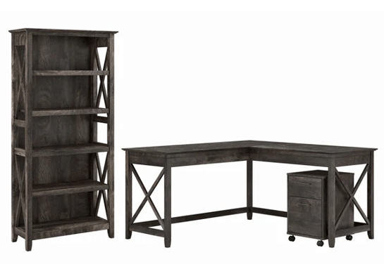 Western l shaped desk with 5 shelf wooden bookcase highlight dark gray hickory