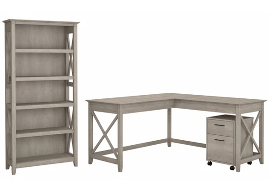 Western l shaped desk with 5 shelf wooden bookcase highlight washed gray