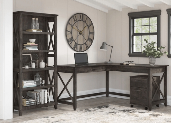 Western l shaped desk with 5 shelf wooden bookcase space view dark gray hickory