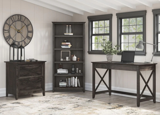 Western style desk with drawer lateral file cabinet and 5 shelf bookcase highlight dark gray hickory